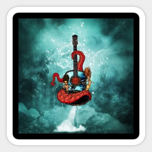 Awesome fantasy guitar with cute mermaids and tentacle Sticker